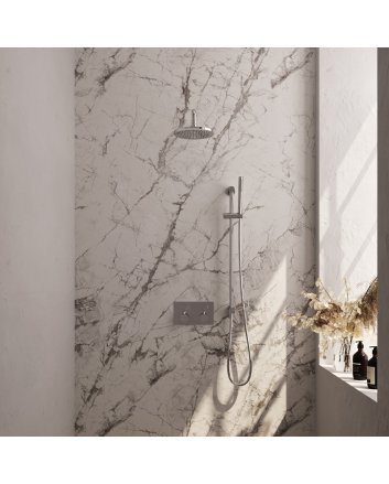 BRAUER Chrome Carving thermostatische inbouw regendouche met drukknoppen SET 63 met 20 cm douchekop en gebogen muurarm en staaf handdouche en doucheslang en geïntegreerde glijstang chroom