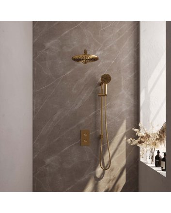 BRAUER Gold Edition thermostatische inbouw regendouche 3-weg omstelling SET 44 met 30 cm douchekop en rechte muurarm en 3-standen handdouche en doucheslang en geïntegreerde glijstang goud geborsteld PVD