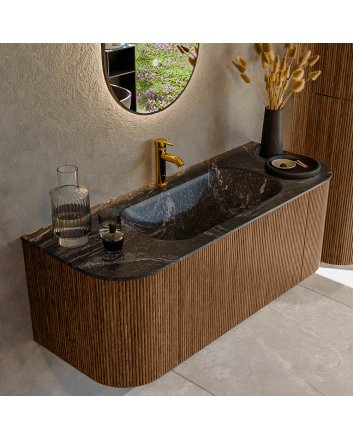 Mondiaz Kurve-Dlux 120cm badmeubel ronding Links + Rechts kleur Walnut met 1 lade en 2 deuren. Wastafel Big small Midden 1 kraangat Lava.