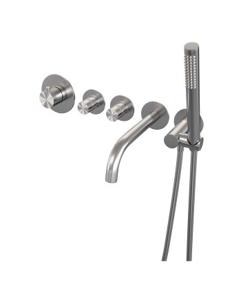 BRAUER Brushed Edition thermostatische inbouw badkraan SET 01 met uitloop en staaf handdouche en doucheslang en wandaansluitbocht RVS geborsteld PVD