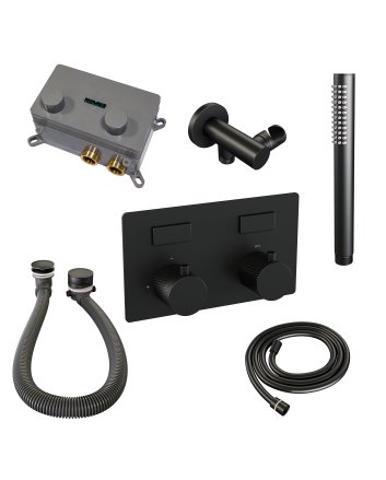 BRAUER Black Carving thermostatische inbouw badkraan met drukknoppen SET 03 met badvulcombinatie en staaf handdouche en doucheslang en wandaansluitbocht mat zwart