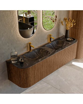 Mondiaz Kurve-Dlux 170cm badmeubel ronding Links + Rechts kleur Walnut met 1 lade en 2 deuren. Wastafel Leaf Dubbel 2 kraangaten Lava.