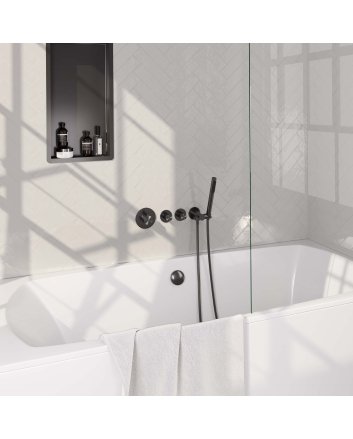 BRAUER Gunmetal Carving thermostatische inbouw badkraan SET 01 met badvulcombinatie en staaf handdouche en doucheslang en wandaansluitbocht gunmetal geborsteld PVD