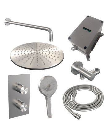 BRAUER Brushed Edition thermostatische inbouw regendouche 3-weg omstelling SET 34 met 30 cm douchekop en gebogen muurarm en 3-standen handdouche en doucheslang en wandaansluitbocht RVS geborsteld PVD