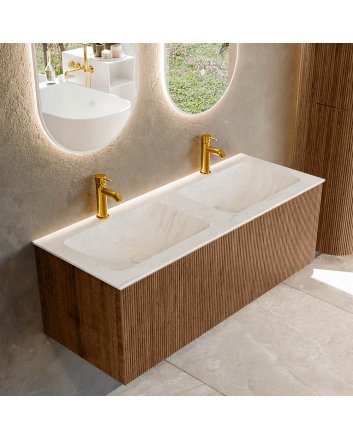 Mondiaz Kurve-Dlux 120cm badmeubel kleur Walnut met 1 lade en 0 deuren. Wastafel Leaf Dubbel 2 kraangaten Opalo.