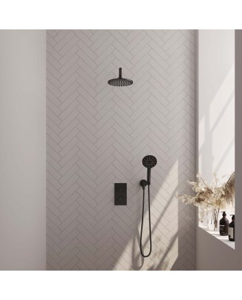BRAUER Black Edition thermostatische inbouw regendouche 3-weg omstelling SET 33 met 20 cm douchekop en gebogen muurarm en 3-standen handdouche en doucheslang en wandaansluitbocht mat zwart