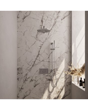 BRAUER Chrome Carving thermostatische inbouw regendouche met drukknoppen SET 62 met 30 cm douchekop en rechte muurarm en staaf handdouche en doucheslang en geïntegreerde glijstang chroom