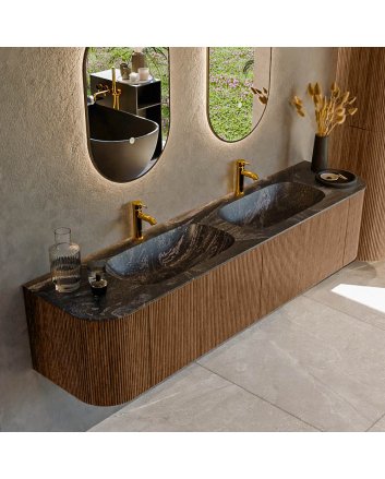 Mondiaz Kurve-Dlux 190cm badmeubel ronding Links + Rechts kleur Walnut met 2 lades en 2 deuren. Wastafel Stor small Dubbel 2 kraangaten Lava.