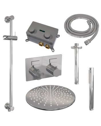 BRAUER Chrome Carving thermostatische inbouw regendouche met drukknoppen SET 66 met 30 cm douchekop en plafondarm en staaf handdouche en doucheslang en geïntegreerde glijstang chroom