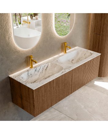 Mondiaz Kurve-Dlux 140cm badmeubel kleur Walnut met 2 lades en 0 deuren. Wastafel Stor small Dubbel 2 kraangaten Glace.