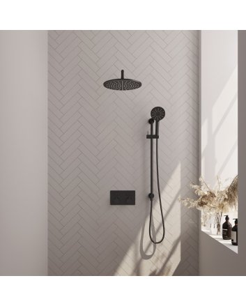 BRAUER Black Carving thermostatische inbouw regendouche met drukknoppen SET 70 met 30 cm douchekop en gebogen muurarm en 3-standen handdouche en doucheslang en geïntegreerde glijstang mat zwart