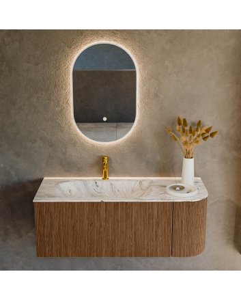 Mondiaz Kurve-Dlux 115cm badmeubel ronding Rechts kleur Walnut met 1 lade en 1 deur. Wastafel Big small Links 1 kraangat Glace.