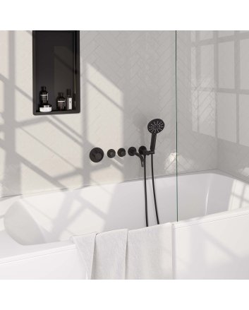 BRAUER Black Edition thermostatische inbouw badkraan SET 02 met uitloop en 3-standen handdouche en doucheslang en wandaansluitbocht mat zwart