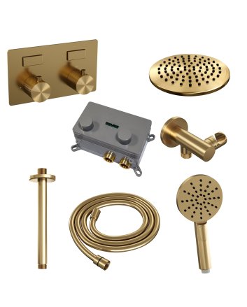 BRAUER Gold Carving thermostatische inbouw regendouche met drukknoppen SET 59 met 20 cm douchekop en plafondarm en 3-standen handdouche en doucheslang en wandaansluitbocht goud geborsteld PVD