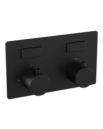 BRAUER Black Carving thermostatische inbouw regendouche met drukknoppen SET 52 met 30 cm douchekop en gebogen muurarm en staaf handdouche en doucheslang en wandaansluitbocht mat zwart