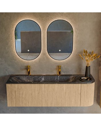 Mondiaz Kurve-Dlux 145cm badmeubel ronding Rechts kleur Oak met 1 lade en 1 deur. Wastafel Big large Links 2 kraangaten Lava.