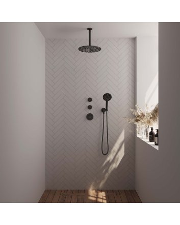 BRAUER Black Carving thermostatische inbouw regendouche SET 12 met 30 cm douchekop en plafondarm en 3-standen handdouche en doucheslang en wandaansluitbocht mat zwart