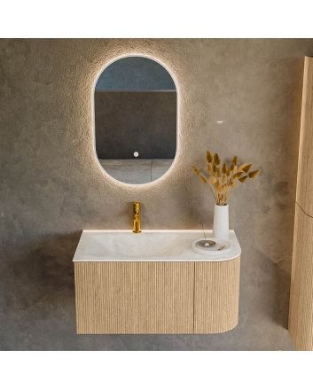 Mondiaz Kurve-Dlux 85cm badmeubel ronding Rechts kleur Oak met 1 lade en 1 deur. Wastafel Cloud Links 1 kraangat Opalo.
