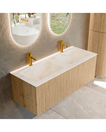 Mondiaz Kurve-Dlux 120cm badmeubel kleur Oak met 1 lade en 0 deuren. Wastafel Leaf Dubbel 2 kraangaten Ostra.