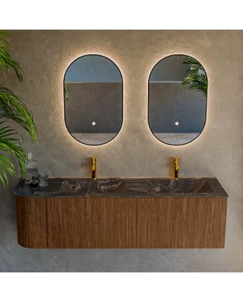 Mondiaz Kurve-Dlux 155cm badmeubel ronding Links kleur Walnut met 2 lades en 1 deur. Wastafel Leaf Dubbel / Rechts 2 kraangaten Lava.