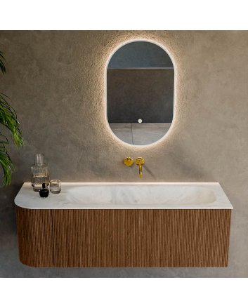 Mondiaz Kurve-Dlux 135cm badmeubel ronding Links kleur Walnut met 1 lade en 1 deur. Wastafel Big medium Rechts zonder kraangat Opalo.