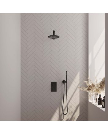 BRAUER Black Carving thermostatische inbouw regendouche 3-weg omstelling SET 25 met 20 cm douchekop en rechte muurarm en staaf handdouche en doucheslang en wandaansluitbocht mat zwart