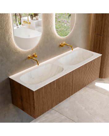 Mondiaz Kurve-Dlux 140cm badmeubel kleur Walnut met 2 lades en 0 deuren. Wastafel Stor small Dubbel zonder kraangat Opalo.