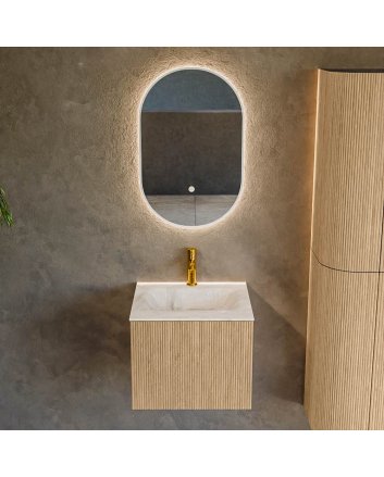 Mondiaz Kurve-Dlux 50cm badmeubel kleur Oak met 1 lade en 0 deuren. Wastafel Grunne Midden 1 kraangat Frappe.