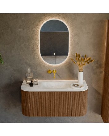Mondiaz Kurve-Dlux 100cm badmeubel ronding Links + Rechts kleur Walnut met 1 lade en 2 deuren. Wastafel Grunne Midden zonder kraangat Opalo.