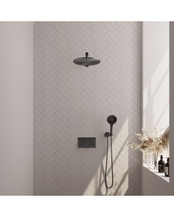 BRAUER Gunmetal Carving thermostatische inbouw regendouche met drukknoppen SET 56 met 30 cm douchekop en rechte muurarm en 3-standen handdouche en doucheslang en wandaansluitbocht gunmetal geborsteld PVD