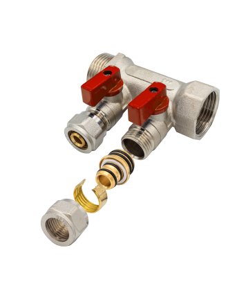 Verdeler met bolkraan mv-1" 2x16 rood