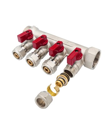 Verdeler met bolkraan mv-1" 4x16 rood