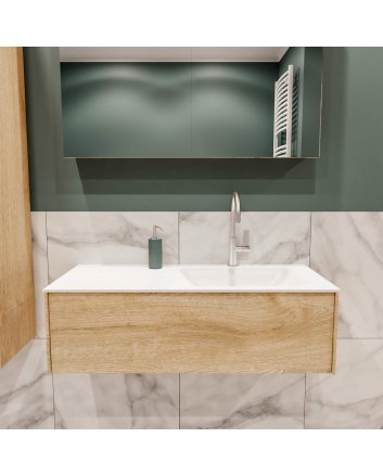 Mondiaz Lush 100 badmeubel washed oak 1 lade wastafel Cloud rechts 1 kraangat