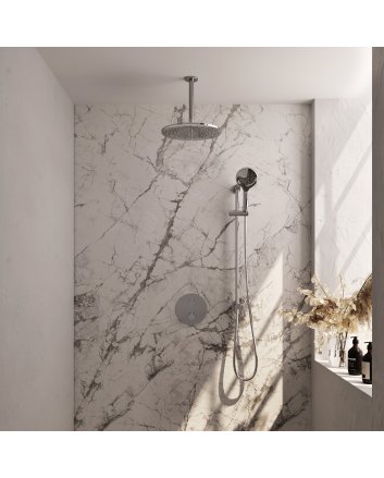 BRAUER Chrome Carving thermostatische inbouw regendouche 3-weg rond SET 96 met 30 cm douchekop en plafondarm en 3-standen handdouche en doucheslang en geïntegreerde glijstang chroom