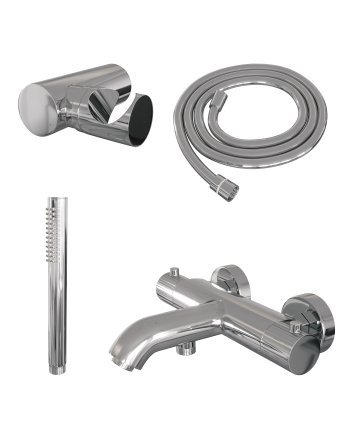 BRAUER Stripe opbouw baddouche thermostaatkraan SET 03 met wandhouder en staaf handdouche en doucheslang chroom