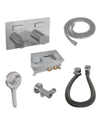 BRAUER Stripe thermostatische inbouw badkraan met drukknoppen SET 04 met badvulcombinatie en 3-standen handdouche en doucheslang en wandaansluitbocht chroom
