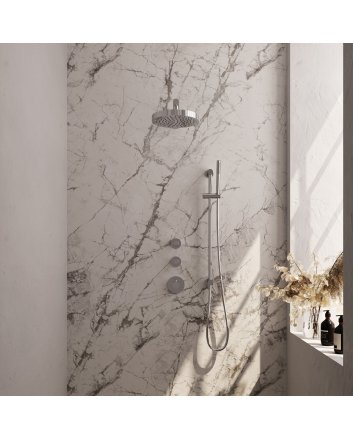 BRAUER Stripe thermostatische inbouw regendouche SET 07 met 25 cm douchekop en rechte muurarm en staaf handdouche en doucheslang en geïntegreerde glijstang chroom