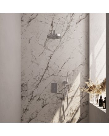 BRAUER Stripe thermostatische inbouw regendouche 3-weg rechthoekig SET 13 met 25 cm douchekop en rechte muurarm en staaf handdouche en doucheslang en wandaansluitbocht chroom