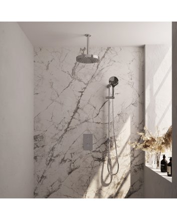 BRAUER Stripe thermostatische inbouw regendouche 3-weg rechthoekig SET 24 met 25 cm douchekop en plafondarm en 3-standen handdouche en doucheslang en geïntegreerde glijstang chroom