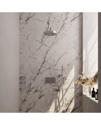 BRAUER Stripe thermostatische inbouw regendouche met drukknoppen SET 25 met 25 cm douchekop en rechte muurarm en staaf handdouche en doucheslang en wandaansluitbocht chroom