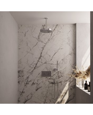 BRAUER Stripe thermostatische inbouw regendouche met drukknoppen SET 27 met 25 cm douchekop en plafondarm en staaf handdouche en doucheslang en wandaansluitbocht chroom