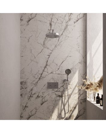 BRAUER Stripe thermostatische inbouw regendouche met drukknoppen SET 28 met 25 cm douchekop en rechte muurarm en 3-standen handdouche en doucheslang en wandaansluitbocht chroom