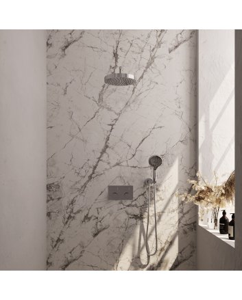 BRAUER Stripe thermostatische inbouw regendouche met drukknoppen SET 29 met 25 cm douchekop en gebogen muurarm en 3-standen handdouche en doucheslang en wandaansluitbocht chroom