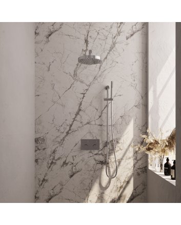 BRAUER Stripe thermostatische inbouw regendouche met drukknoppen SET 31 met 25 cm douchekop en rechte muurarm en staaf handdouche en doucheslang en geïntegreerde glijstang chroom