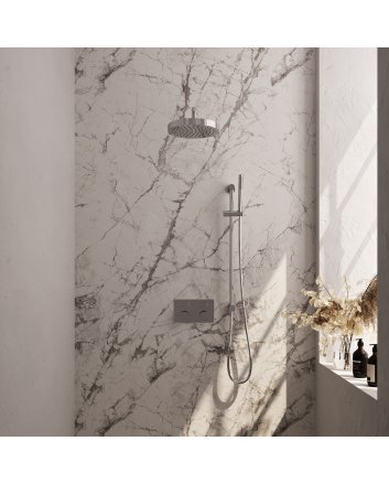 BRAUER Stripe thermostatische inbouw regendouche met drukknoppen SET 32 met 25 cm douchekop en gebogen muurarm en staaf handdouche en doucheslang en geïntegreerde glijstang chroom