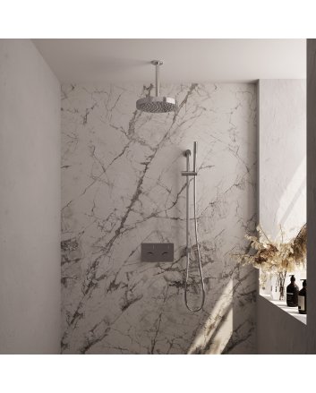 BRAUER Stripe thermostatische inbouw regendouche met drukknoppen SET 33 met 25 cm douchekop en plafondarm en staaf handdouche en doucheslang en geïntegreerde glijstang chroom