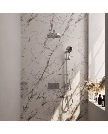 BRAUER Stripe thermostatische inbouw regendouche met drukknoppen SET 34 met 25 cm douchekop en rechte muurarm en 3-standen handdouche en doucheslang en geïntegreerde glijstang chroom