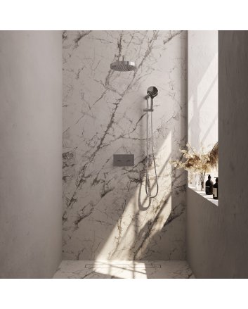 BRAUER Stripe thermostatische inbouw regendouche met drukknoppen SET 35 met 25 cm douchekop en gebogen muurarm en 3-standen handdouche en doucheslang en geïntegreerde glijstang chroom