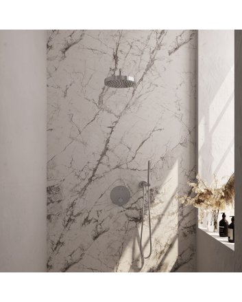 BRAUER Stripe thermostatische inbouw regendouche 3-weg rond SET 38 met 25 cm douchekop en gebogen muurarm en staaf handdouche en doucheslang en wandaansluitbocht chroom