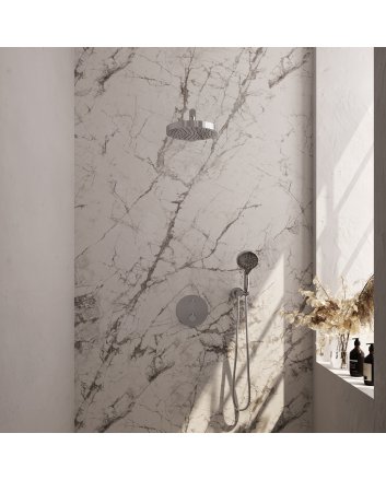 BRAUER Stripe thermostatische inbouw regendouche 3-weg rond SET 40 met 25 cm douchekop en rechte muurarm en 3-standen handdouche en doucheslang en wandaansluitbocht chroom